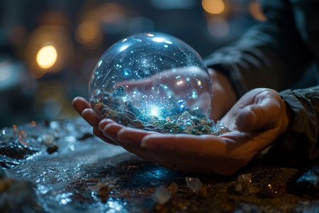 man demonstrates a holographic sphere presentation of modern biotechnology, innovation, medicine, scienceの素材