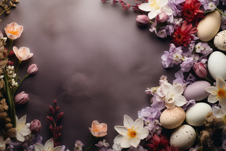 delicate flowers, eggs, dreamy style, ethereal light, pink, gray background. easter. top view, flat lay, copy spaceの素材
