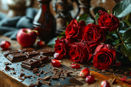 valentine's day flowers, hearts, chocolate on dark marble brown background, side view, mockup, selective focusの素材