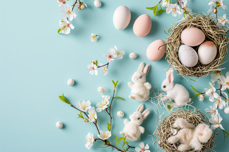 cute tiny bunny rabbits, delicate flowers, eggs, dreamy style, ethereal light, blue background. easter. top view, flat lay, copy spaceの素材