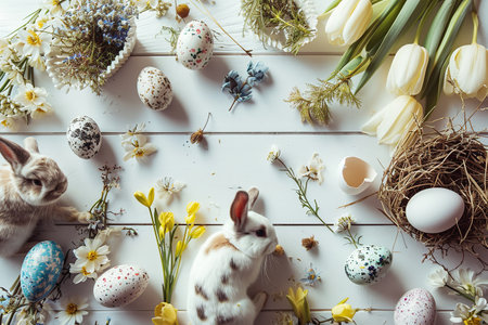 cute tiny bunny rabbit, delicate flowers, dreamy style, ethereal light, brown and white background, eggs, easterの素材