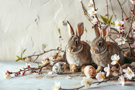 cute tiny bunny rabbit, delicate flowers, dreamy style, ethereal light, brown and white background, eggs, easterの素材