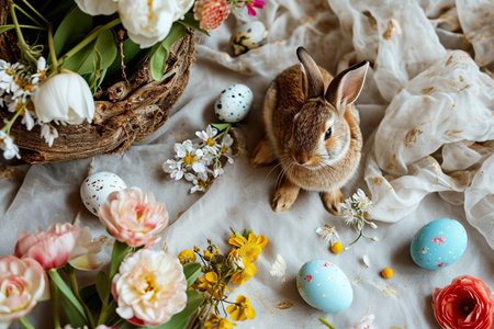 cute tiny bunny rabbit, delicate flowers, dreamy style, ethereal light, interior background, eggs, easterの素材