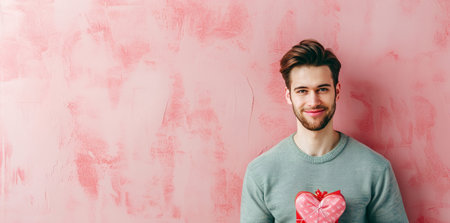 happy handsome man holds red and pink gift box, valentine's day, eclectic style, pink backgroundの素材