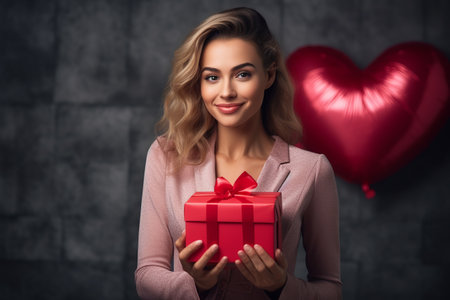 happy handsome caucasian woman holds red and pink gift box, valentine's day, eclectic style, gray backgroundの素材