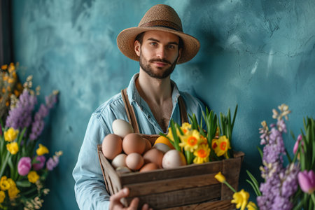 happy bearded man holds a colorful box with easter flowers and bunny, eclectic style, blue backgroundの素材