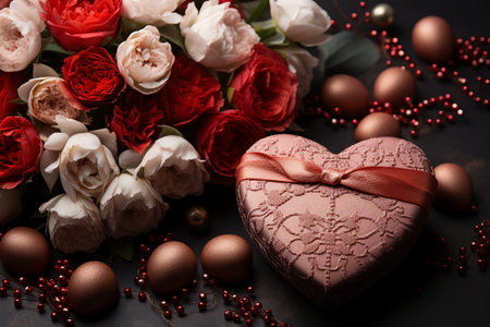 valentine's day flowers, hearts, chocolate on dark marble brown background, side view, mockup, selective focusの素材