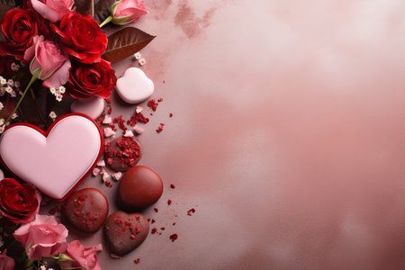 valentine's day flowers, hearts, chocolate on marble white background, flat lay, top view, copy space, mockupの素材