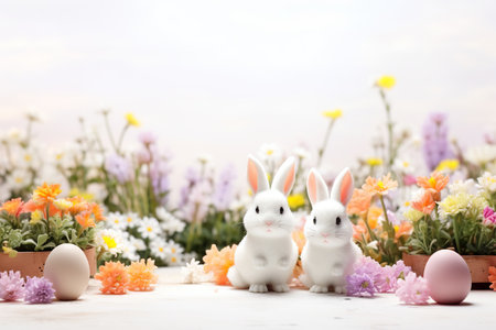 two cute tiny ceramic bunny rabbits, delicate flowers, eggs, dreamy style, ethereal light, brown and pink background. easterの素材