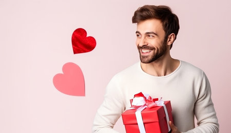 happy handsome man holds red and pink gift box, valentine's day, eclectic style, pink backgroundの素材