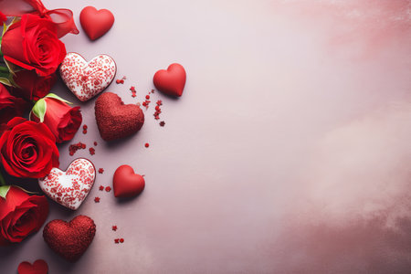 valentine's day flowers, hearts, chocolate on marble white background, flat lay, top view, copy space, mockupの素材