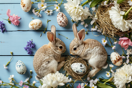 two cute tiny bunny rabbits, delicate flowers, dreamy style, ethereal light, blue background, eggs, easterの素材