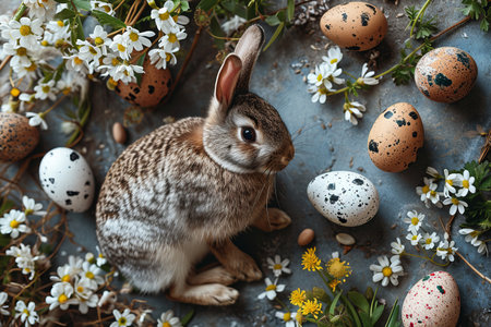 cute tiny bunny rabbit, delicate flowers, dreamy style, ethereal light, interior background, eggs, easterの素材