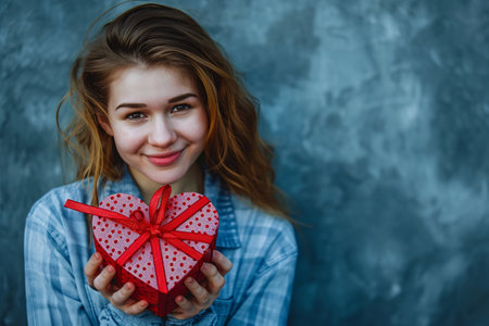 happy handsome caucasian woman holds red and pink gift box, valentine's day, eclectic style, blue backgroundの素材