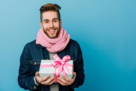 happy handsome man holds red and pink gift box, valentine's day, eclectic style, blue backgroundの素材