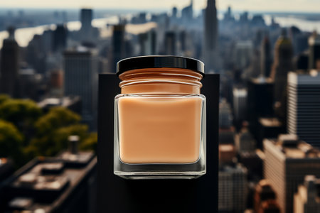 beige and white cosmetic vase and cream jars and white flowers on a wooden table, product design, beauty, blurred floral background, sunlightの素材