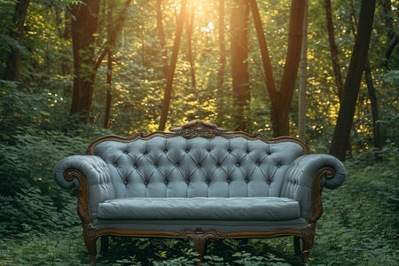 empty luxury sofa in the middle of a forest with flowers, romantic soft focus and ethereal light, dreamlike atmosphere, vintage, sunriseの素材