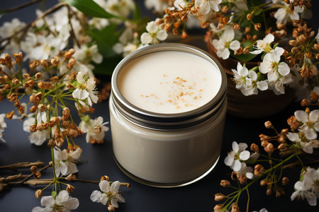 beige and white cosmetic vase and cream jars and white flowers on a wooden table, product design, beauty, blurred floral background, sunlightの素材