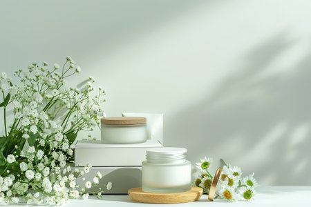 beige and white cosmetic vase and cream jars and white flowers on a wooden table, product design, beauty, blurred background, sunlightの素材