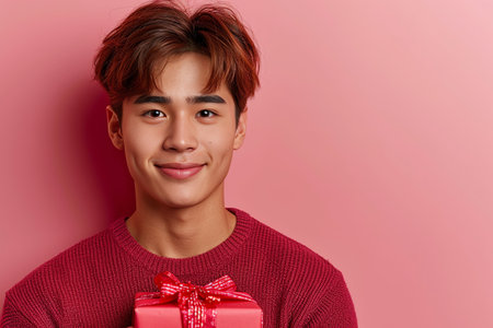 happy handsome asian man holds red and pink gift box, valentine's day, eclectic style, pink backgroundの素材