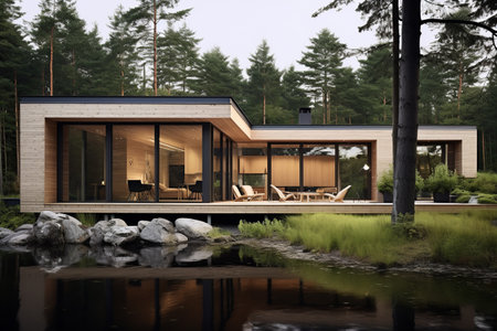 Scandinavian style modern cottage, pond, lake, terrace, minimalist landscape design, shrubs, trees, natural stone, forest backgroundの素材