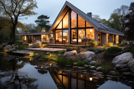 Scandinavian style modern cottage, pond, lake, terrace, minimalist landscape design, shrubs, trees, natural stone, forest backgroundの素材