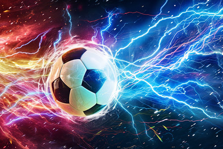 soccer ball with flames and lightning flying on night sky, blue and purple background, energy explosionの素材