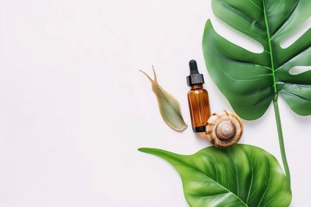 Snail slime natural cosmetic, vial and cream jars, plants on white background, product design, beauty, side view, still life, copy space, top view, flat layの素材