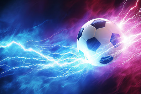 soccer ball with flames and lightning flying on night sky, blue and purple background, energy explosionの素材
