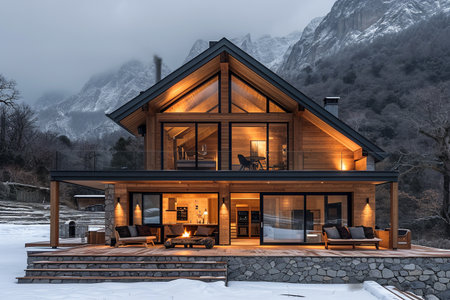 Large modern cottage chalet with large windows, terrace, landscape design, shrubs, trees, natural stone, scandinavian style, winter mountain backgroundの素材