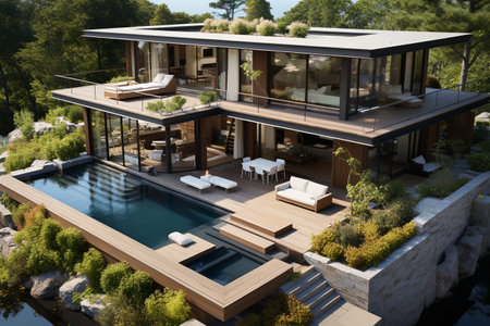 Large modern cottage chalet with large windows, pool, water, terrace, landscape design, shrubs, trees, natural stone,の素材
