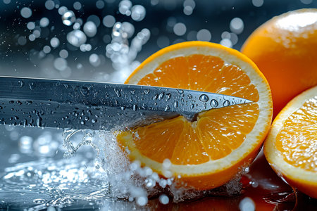 orange slices with knife and water drops and splashes on dark and blue background, berrypunk, still lifeの素材