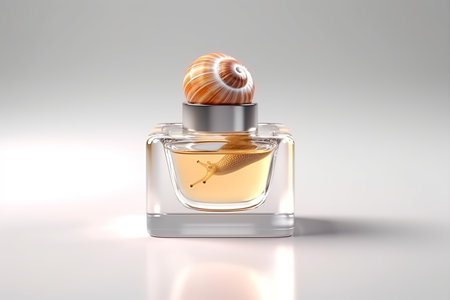 Snail slime natural cosmetic, vial and cream jars, plants on white background, product design, beauty, side view, still life, copy spaceの素材