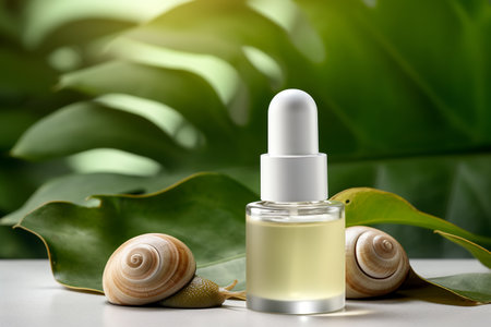 Snail slime natural cosmetic, vial and cream jars, plants on natural background, product design, beauty, side view, still life, sunlightの素材