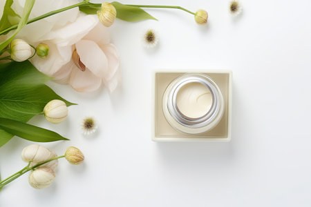 beige and white natural cosmetic, vial and cream jars, gift boxes, flowers on white background, product design, beauty, top view, flat layの素材