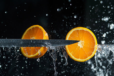 orange slices with knife and water drops and splashes on dark and blue background, berrypunk, still lifeの素材