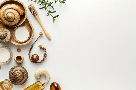 Snail slime natural cosmetic, vial and cream jars, plants on white background, product design, beauty, side view, still life, copy space, top view, flat layの素材