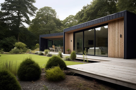 Scandinavian style modern cottage with large windows, terrace, minimalist landscape design, shrubs, trees, natural stone, forest backgroundの素材