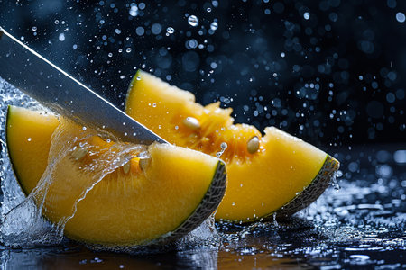 cantaloupe melon slices with knife and water drops and splashes on dark blue background, berrypunk, still lifeの素材