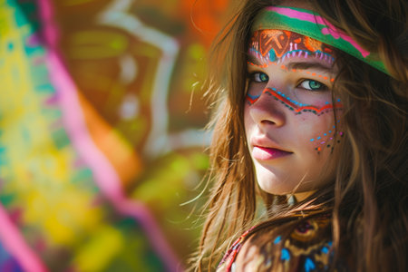 young caucasian hippie woman with colorful painted makeup, eclectic, earthcore style, mystic symbolism, forestpunk, natural blurred backgroundの素材