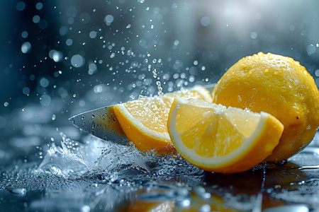lemon slices with knife and water drops and splashes on blue background, berrypunk, still lifeの素材