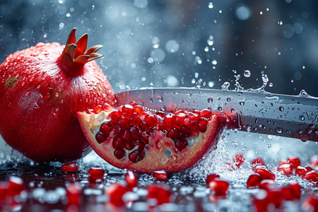pomegranate slices with knife and water drops and splashes on natural background, berrypunk, still lifeの素材