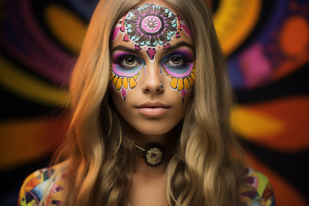 young caucasian hippie woman with colorful painted makeup, eclectic, earthcore style, mystic symbolism, forestpunk, blurred rainbow patternsの素材