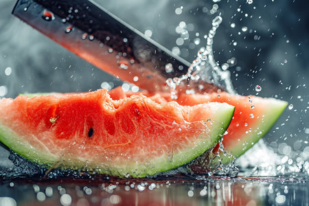 watermelon slices with knife and water drops and splashes on dark blue background, berrypunk, still lifeの素材