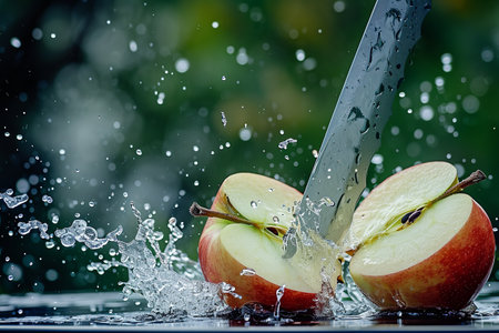 apple slices with knife and water drops and splashes on natural background, berrypunk, still lifeの素材