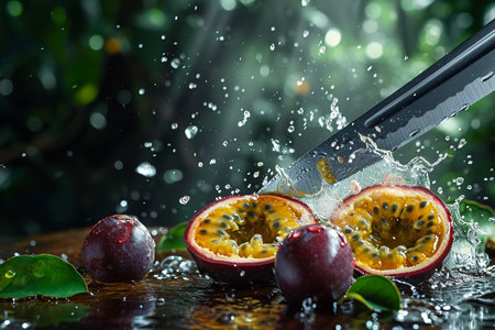 passion fruit slices with knife and water drops and splashes on natural background, berrypunk, still lifeの素材