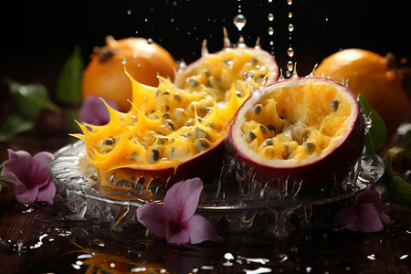 passion fruit slices with knife and water drops and splashes on black background, berrypunk, still lifeの素材