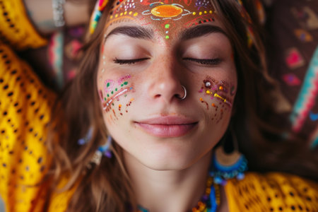 young caucasian hippie woman with colorful painted makeup, eclectic, earthcore style, mystic symbolism, forestpunk, close up portraitの素材