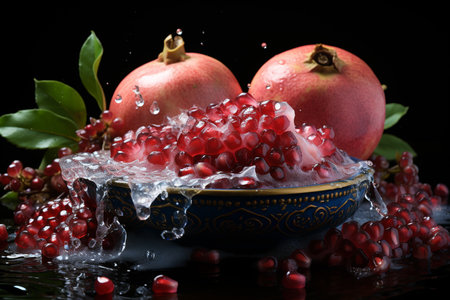 pomegranate slices with knife and water drops and splashes on black background, berrypunk, still lifeの素材