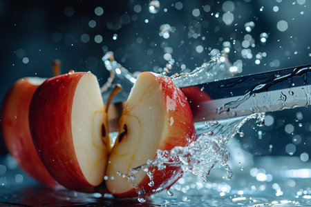 apple slices with knife and water drops and splashes on natural background, berrypunk, still lifeの素材